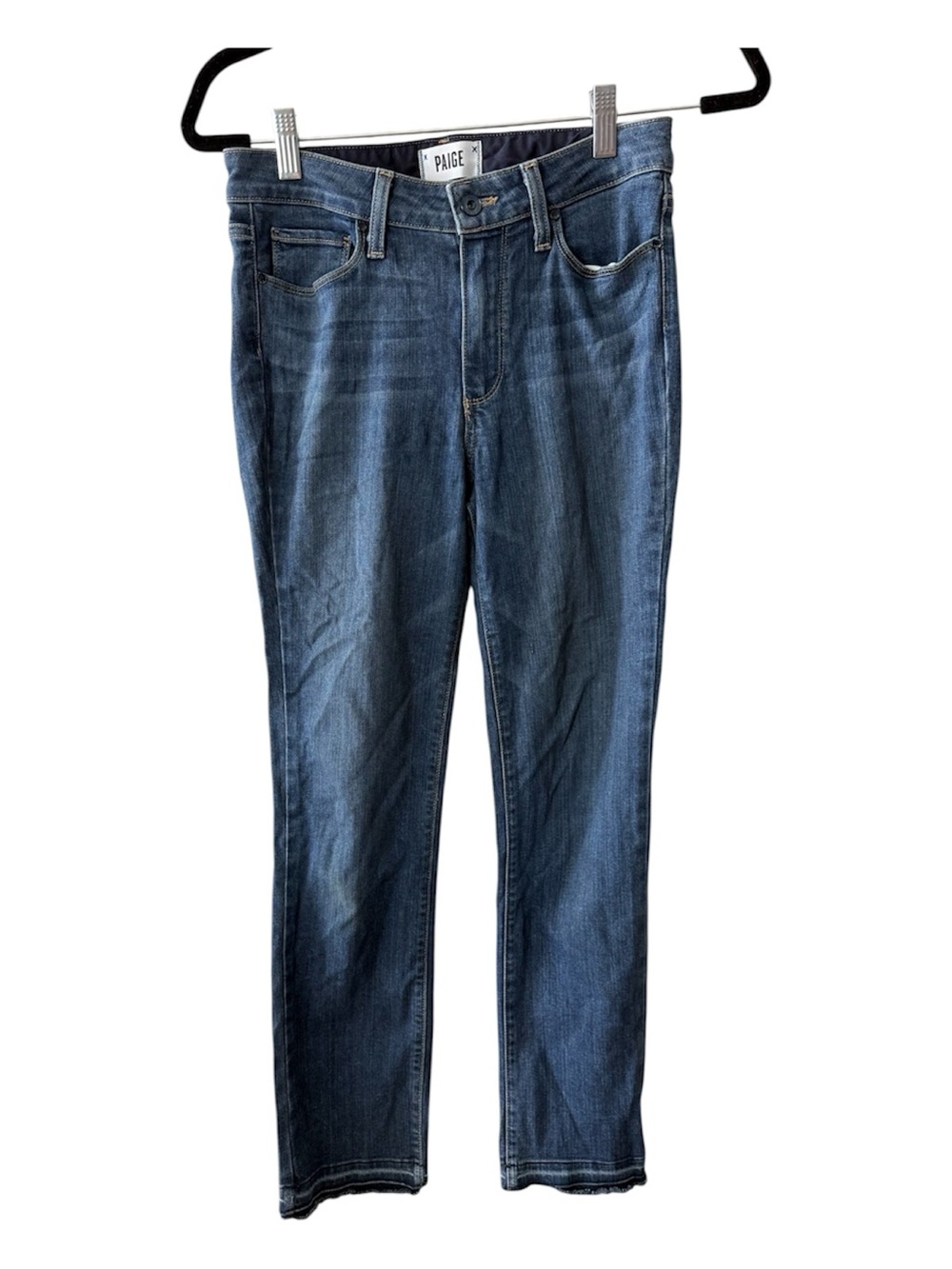 PAIGE Jacqueline Straight Jeans Size 27 Medium Wash Raw Hem Stretch Denim Women